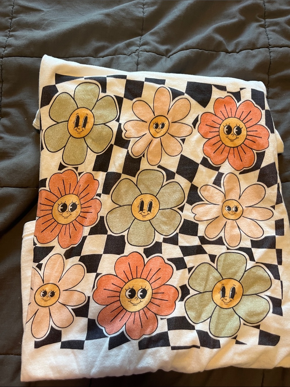 Port & Company Cotton White Ring-Spun Tee with Checkered Ditsy Floral Faces XXL